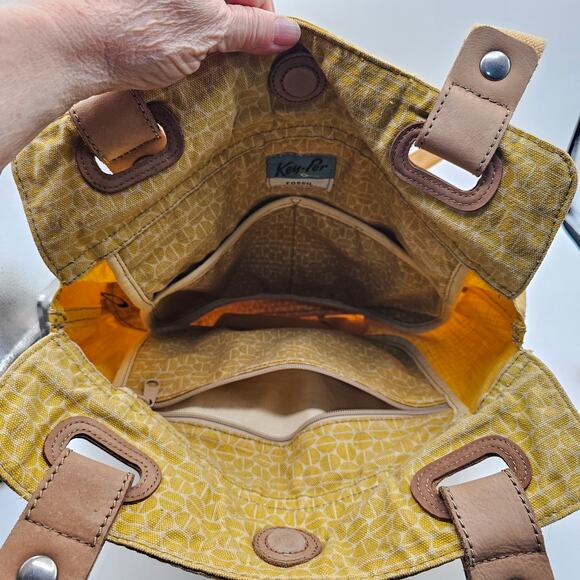 Fossil Key-per Shoulder Bag Boho Yellow Purse Vintage Leather Canvas Trim Tote - Picture 3 of 8
